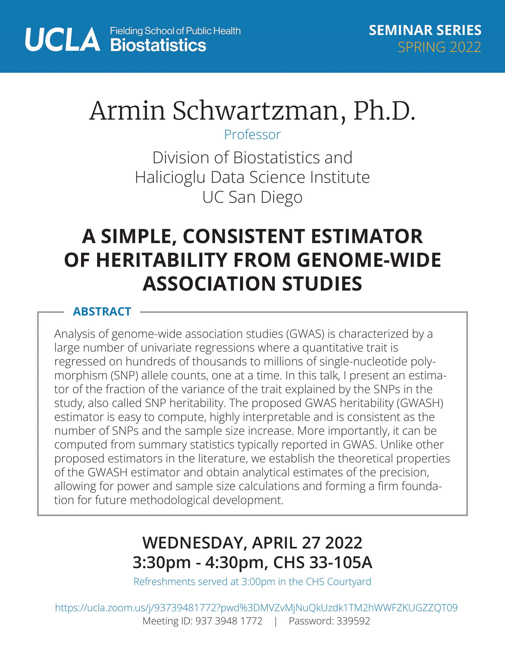 Armin Schwartzman Seminar Flyer 4-27-22