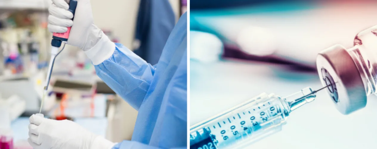 Left: Scientist using a pipette / Right: Close-up of a needle