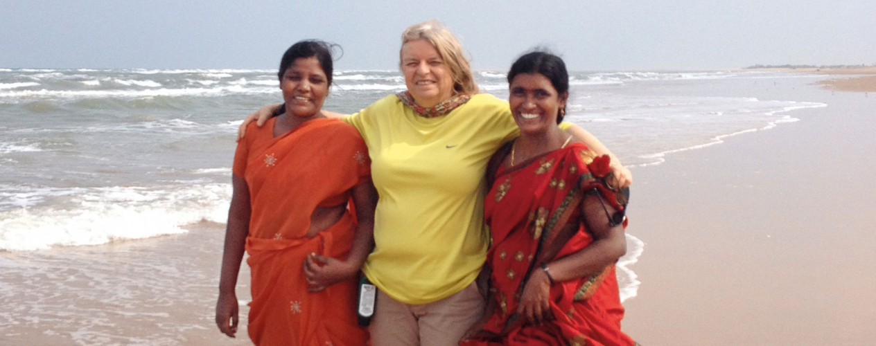 Dr. Catherine Crespi (center) with K. Kalpana (left) and R. Vasantha (right), interviewers on the study team, at the Bay of Bengal.