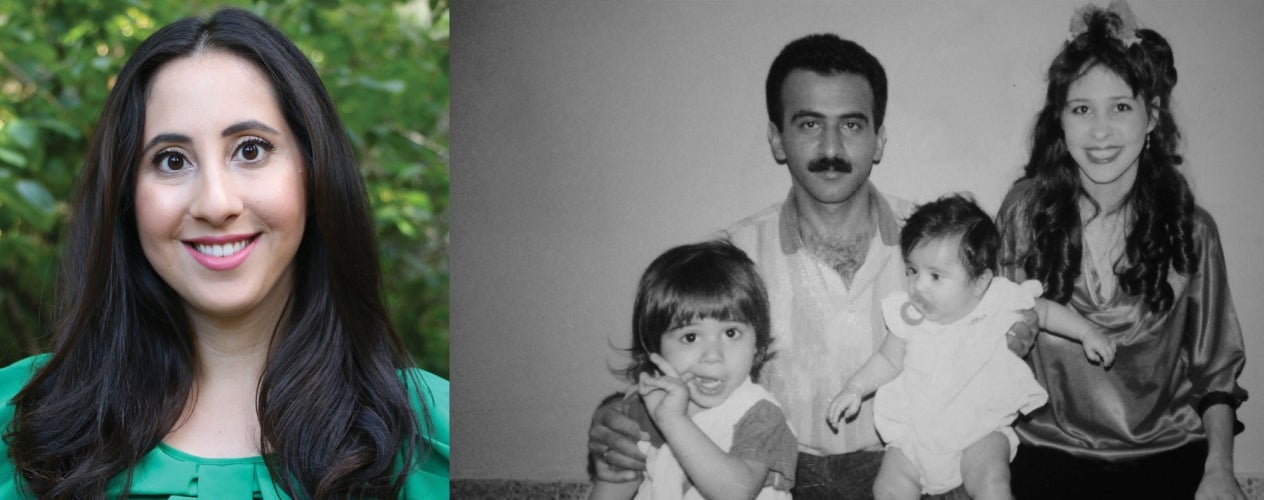 Negar Omidakhsh and a photo of her with her family as a child