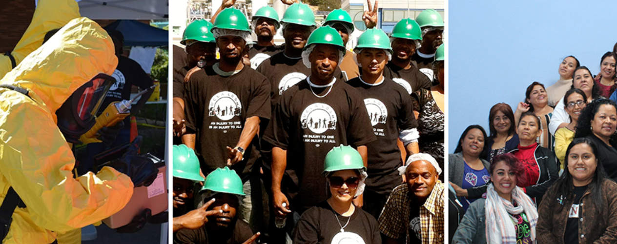Three images, from left to right: A man in a yellow hazmat suit; a group of men in green hardhats; a group of smiling women