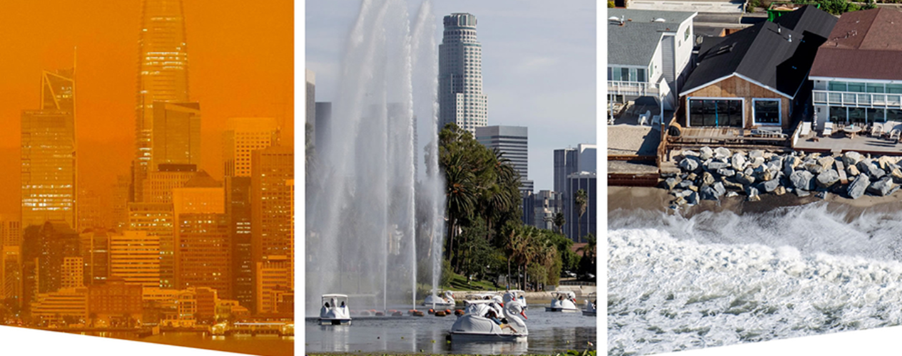 three images in a collage (from left to right: buildings, water fountain, and lake shores)