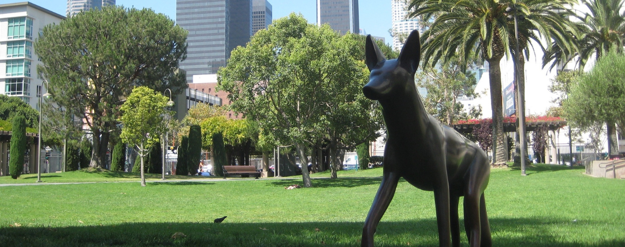Grand Hope Park with skyline of downtown Los Angeles in background