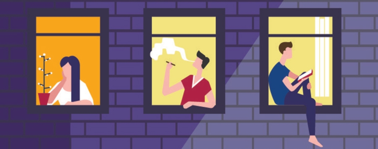 cartoon graphic of a man smoking out of a window and another man reading a book