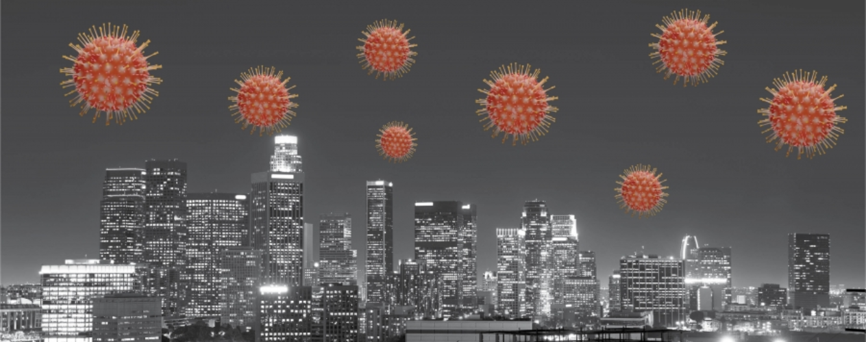 city skyline with virus graphic scattered throughout the sky