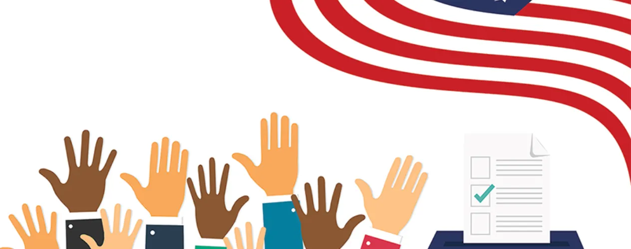 graphic of hands reaching out to American flag and voting booth