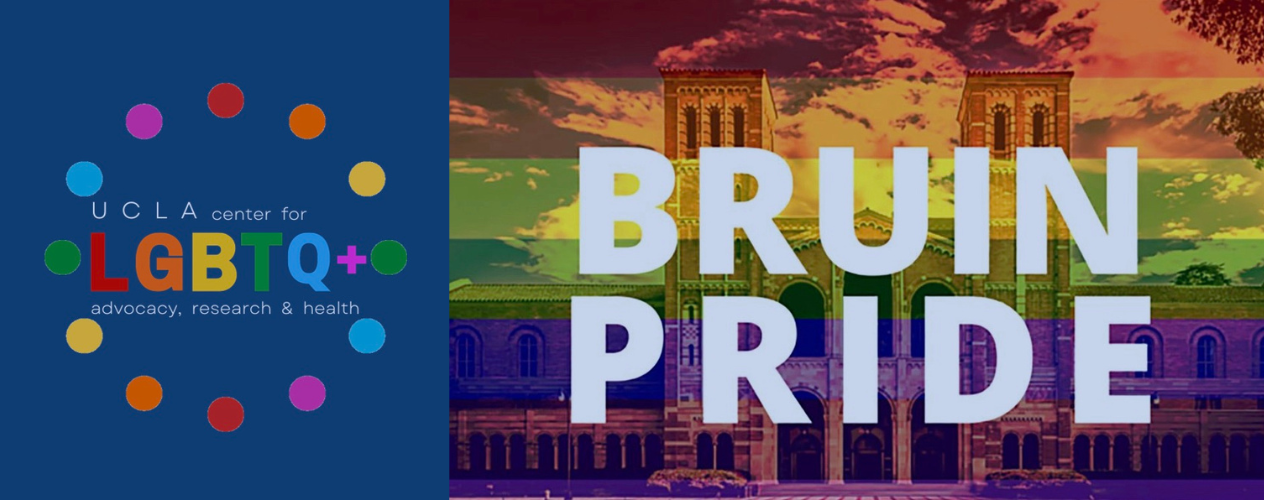 C-LARAH logo on the left with the LGBTQ+ flag layered on top of UCLA Royce Hall and the text "Bruin Pride" on the right