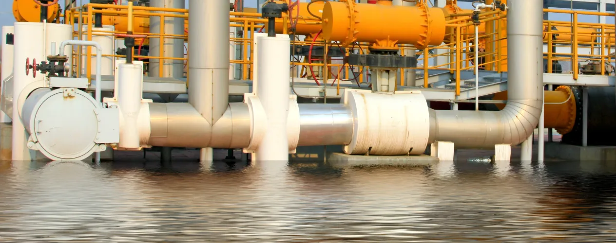 Industrial facility inundated by flood waters.