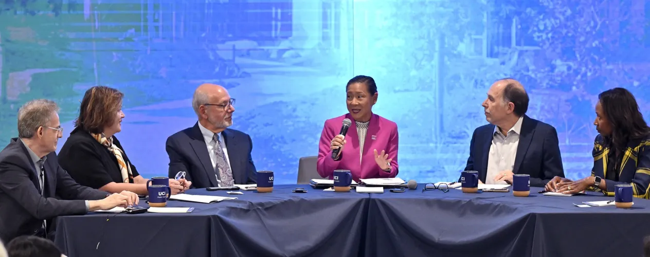 From left to right: Ron Brookmeyer (UCLA), Bernadette Boden-Albala (UC Irvine), Brad Pollock (UC Davis), Deena McRae (UC Health), Mark Wolfson (UC Riverside), and Cheryl Anderson (UC San Diego). Photo: Steve Zylius/UC Irvine