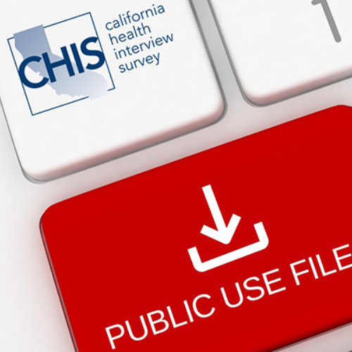 Computer keyboard with the top key reading: "California Health Interview Survey" and the bottom key reading: "Public Use Files"