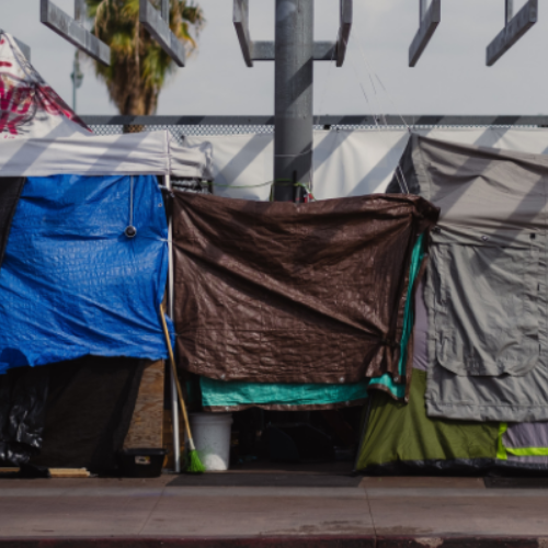 Three connected tarp tents