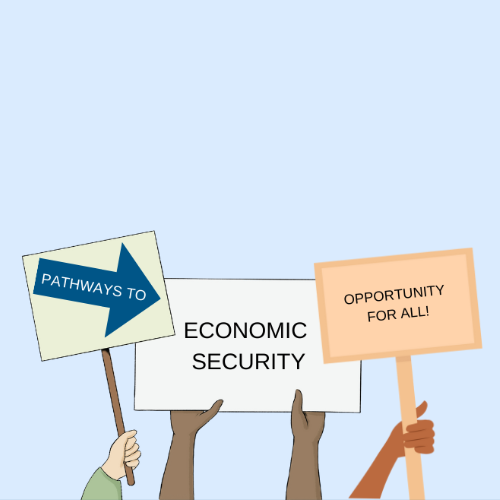 Graphic with hands holding up three signs, from left-to-right: "Pathways to" / "Economic security" / "Opportunity for all!"