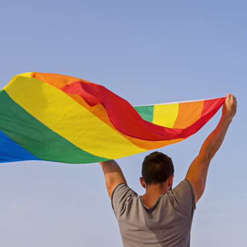 Individual holding LGBTQ flag