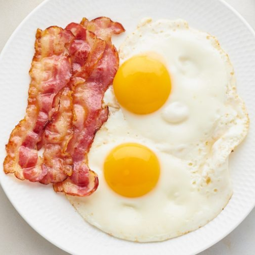 Plate of bacon and fried eggs