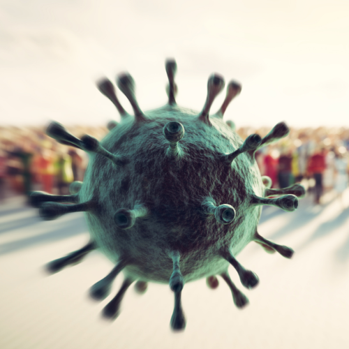 COVID-19 virus close-up with crowd of people in the background