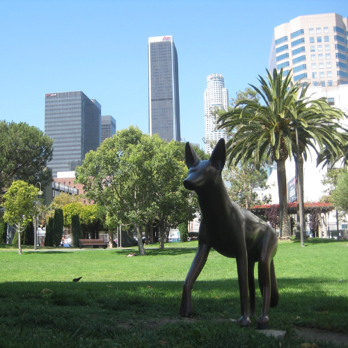 Grand Hope Park with skyline of downtown Los Angeles in background