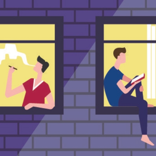 cartoon graphic of a man smoking out of a window and another man reading a book