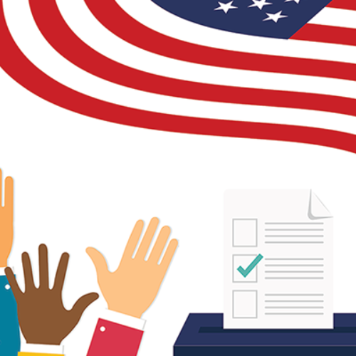 graphic of hands reaching out to American flag and voting booth