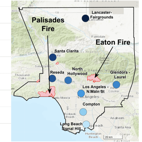 Map of 2025 Los Angeles County fires 