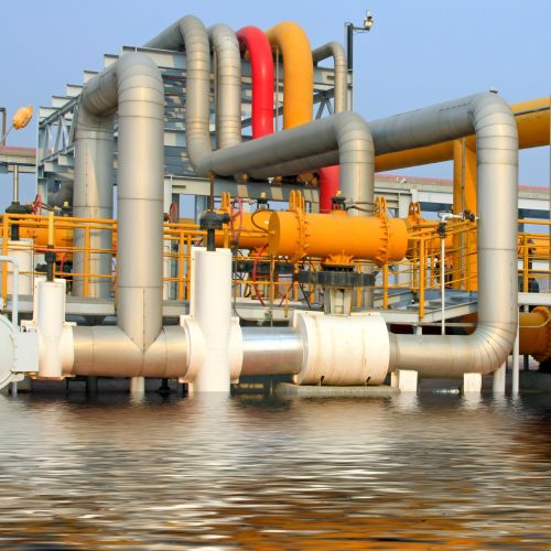 Industrial facility inundated by flood waters.