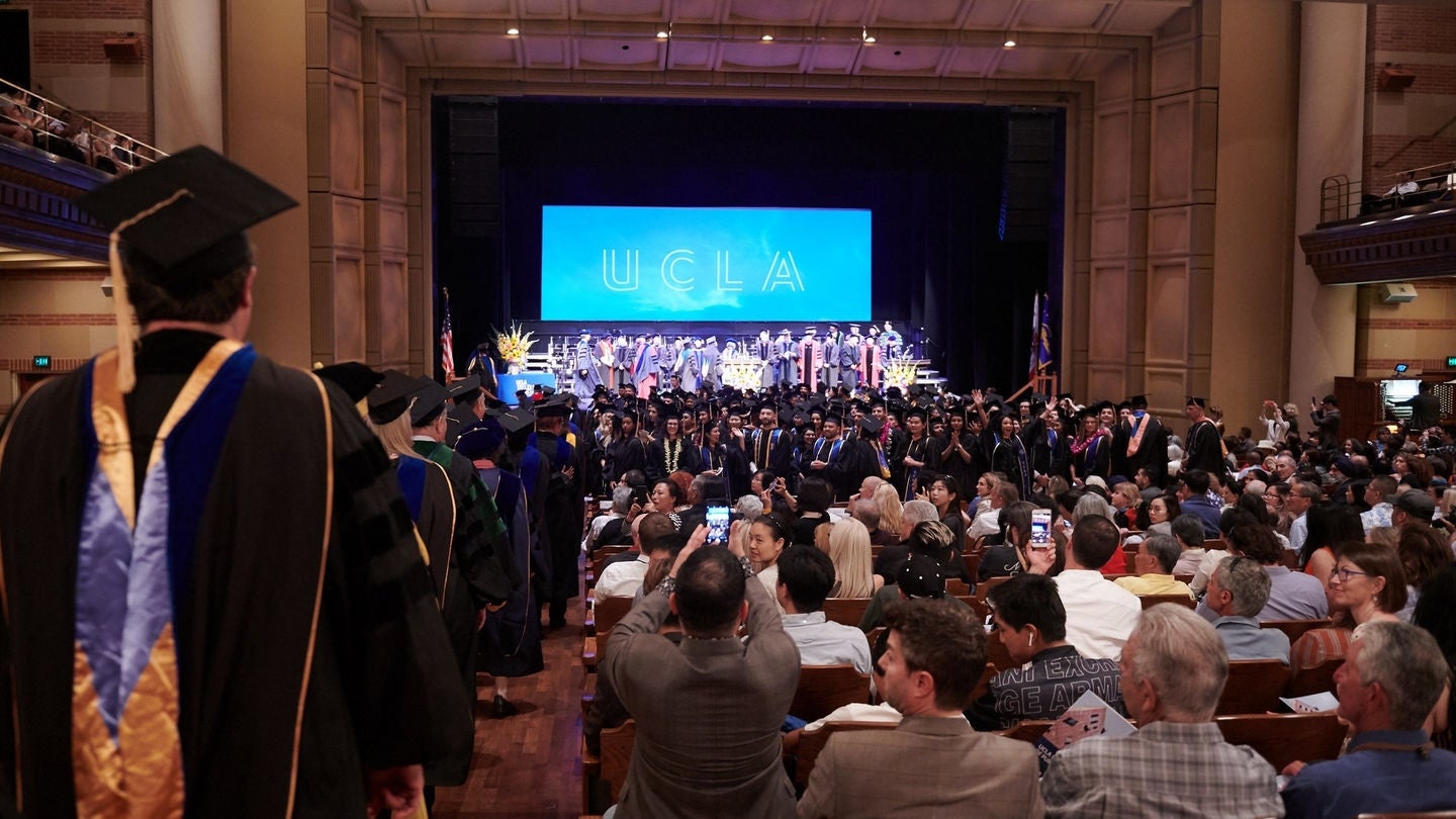 UCLA Fielding commencement ceremonies in an historic auditorium