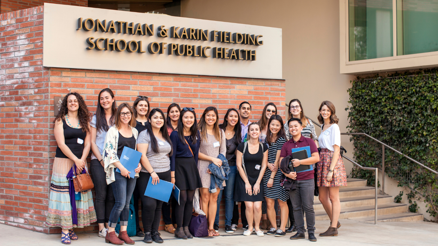 students in front of FSPH building