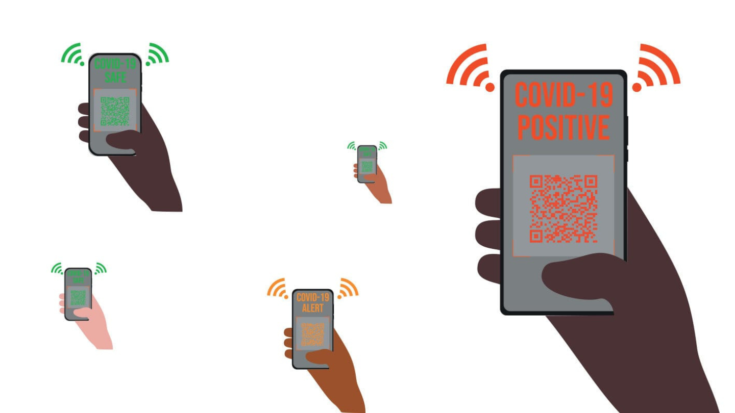 Graphics of hands holding phones with alerts for "COVID-19 Positive"
