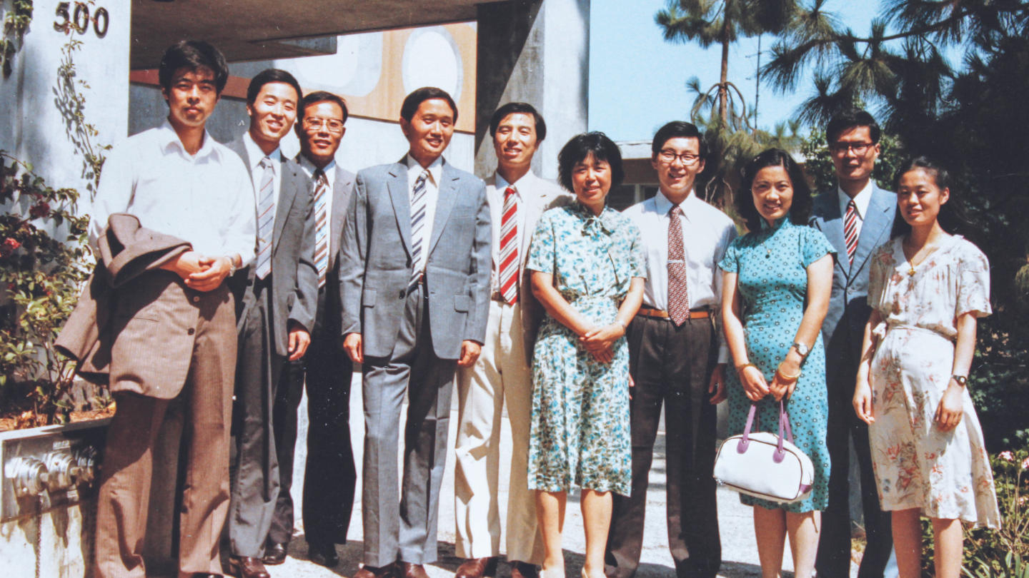 A 1985 photo of Chinese visiting scholars who were then studying at the Fielding School, including Dr. Xiaoming Sun (third from left) and Hongtao Hu (second from right).