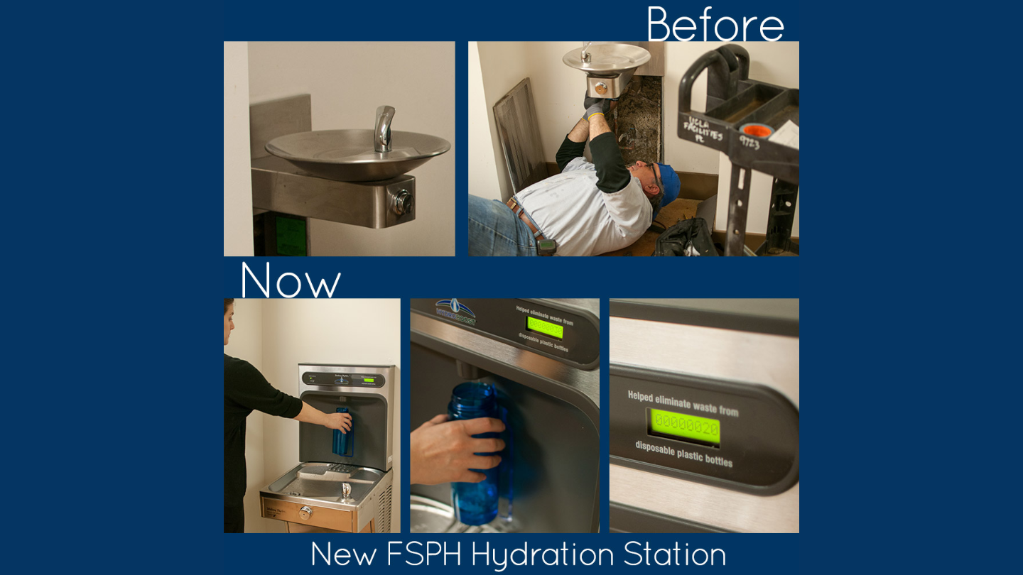 before and after photos of old FSPH water fountain and new hydration station
