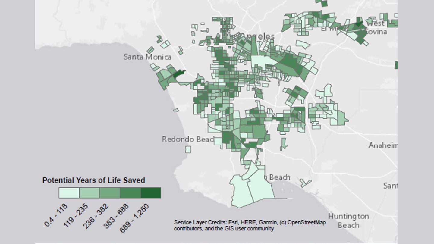 Potential years of life saved from added park space in greenness-deprived census tracts in the southern portion of LA County