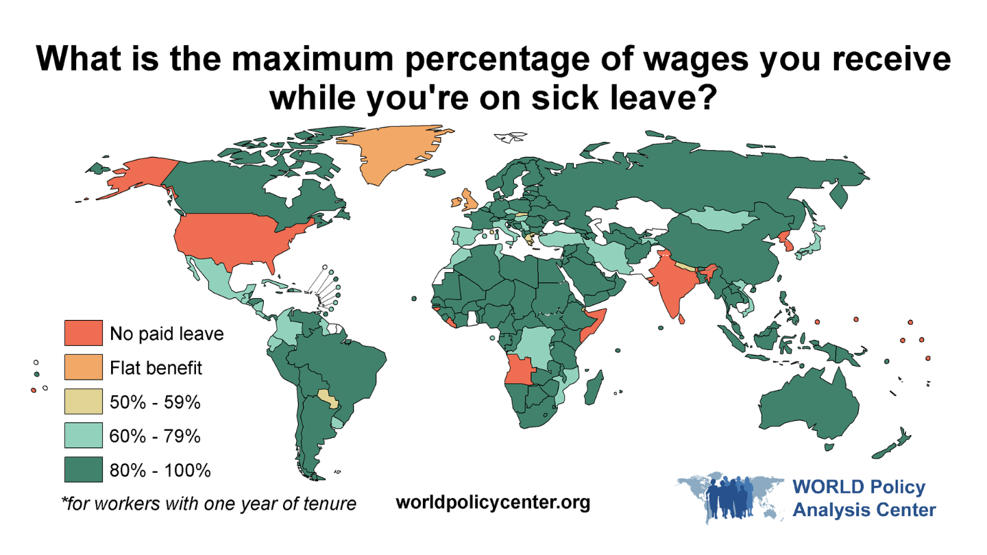 Map displaying sick leave benefits as percentage of wage