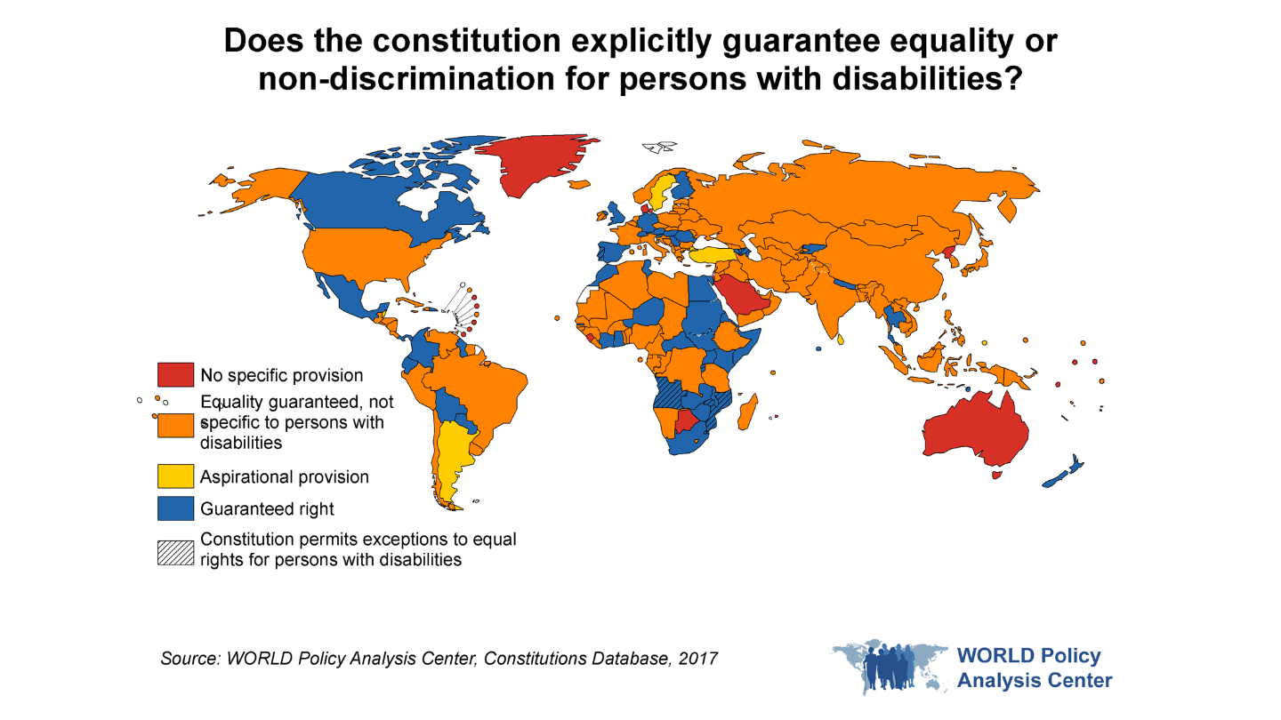 Title: Does the constitution explicitly guarantee equality or non-discrimination for persons with disabilities? This map of the world visualizes which countries have constitutions that guarantee equality and non-discrimination to persons with disabilities, by region.