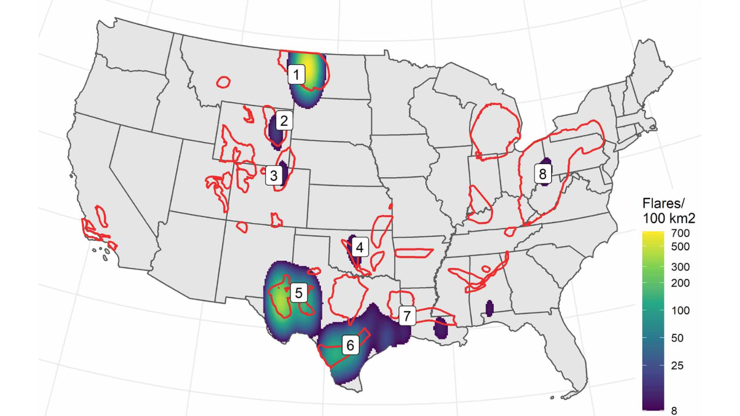 Density of flares near UOG wells across shale plays in the U.S.